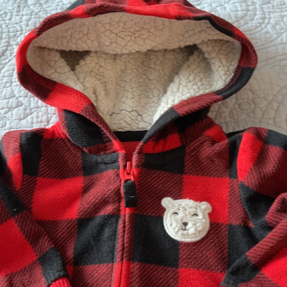 Red and black large check fleece hoodie one Piece. 9 months buffalo check - Picture 4 of 6